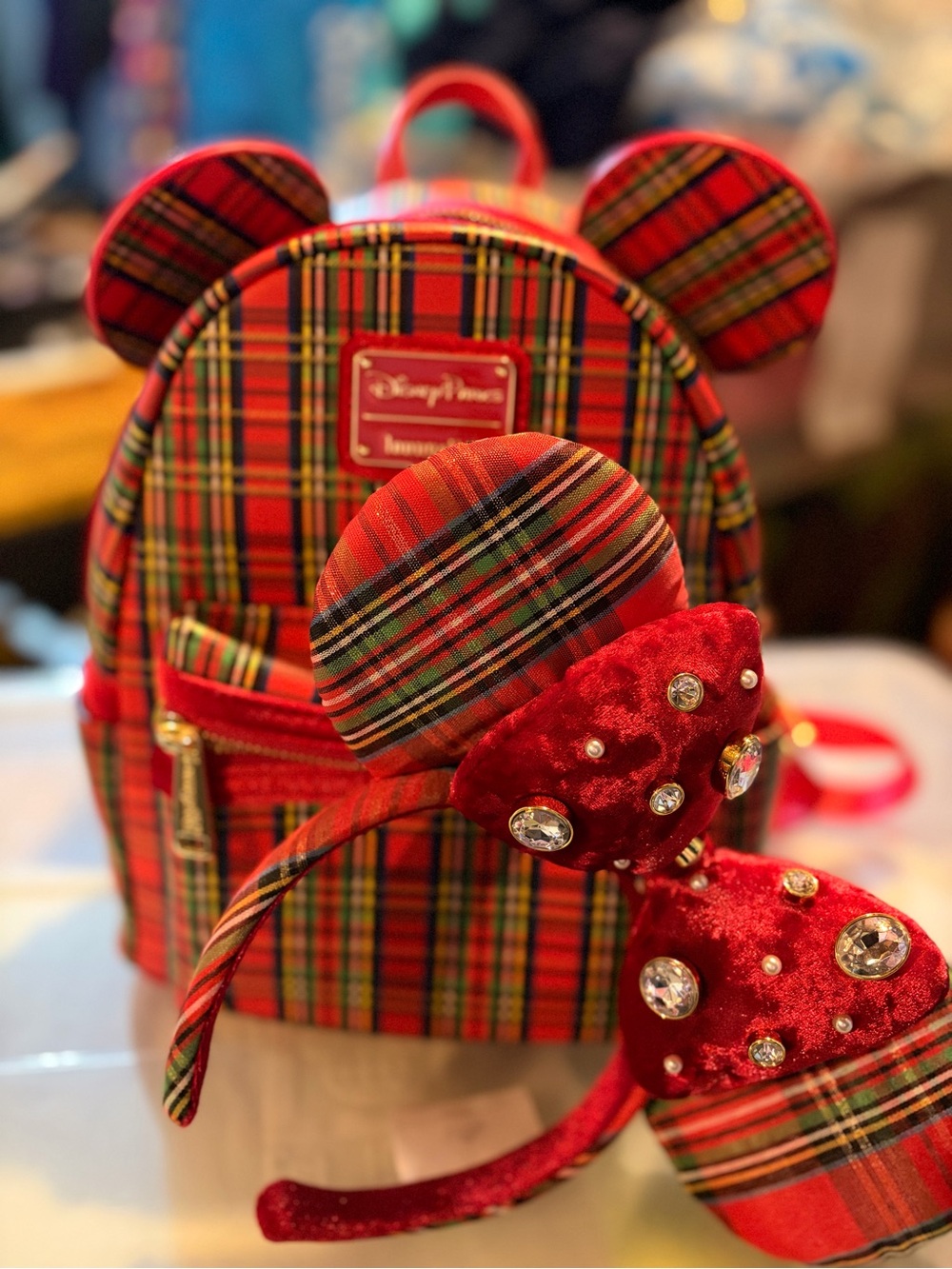 Disney Parks / Loungefly Red Plaid Holiday Mickey Mouse Backpack and Ears Set